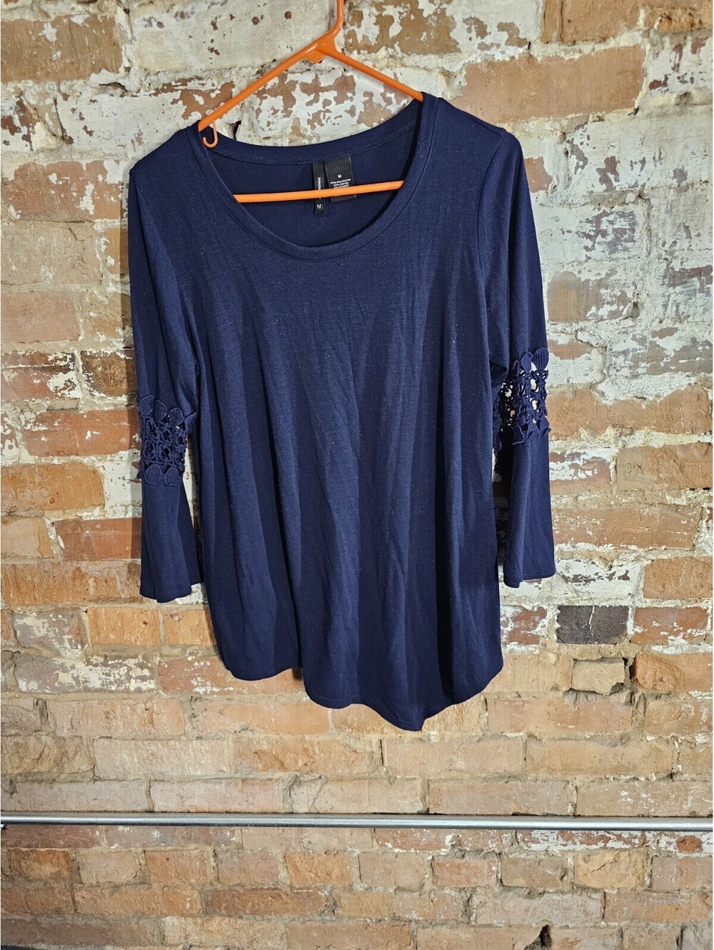 NY Collection Womens M Navy Blue Crochet Lace Bell Sleeve Boho Tunic Top